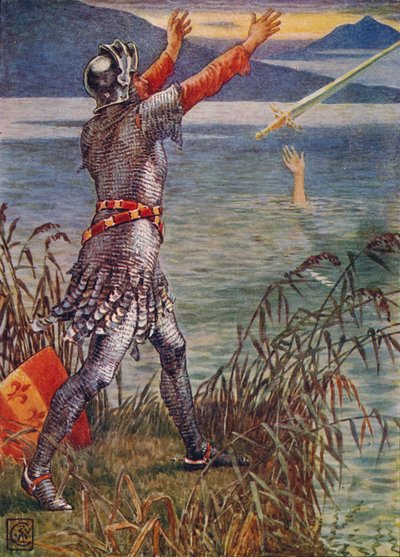 Sir Bedivere wirft das Schwert Excalibur in den See, 1911 von Walter Crane