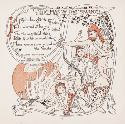 Der Mann und die Schlange, Illustration aus Aesops Fabeln, veröffentlicht 1887 von Walter Crane