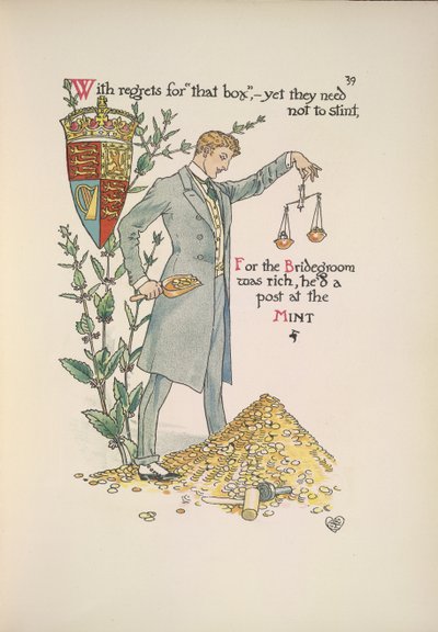 Der Bräutigam hält eine Waage und misst seinen Reichtum von Walter Crane