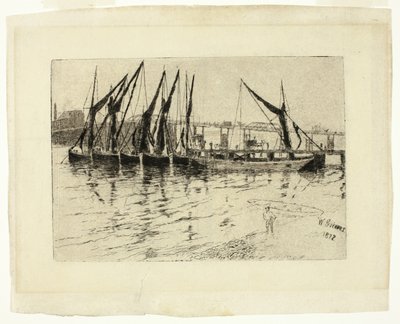Kohlefrachter beim Entladen (recto); Skizze eines Gebäudes (verso) von Walter Greaves