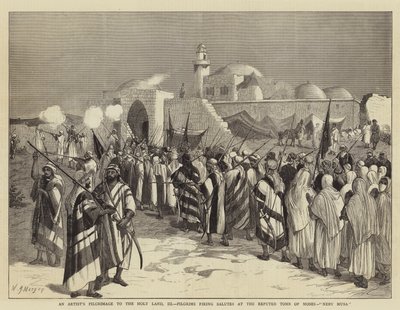 Eine Künstlerpilgerreise ins Heilige Land, III, Pilger feuern Salutschüsse am angeblichen Grab von Moses, Neby Musa von Walter Jenks Morgan