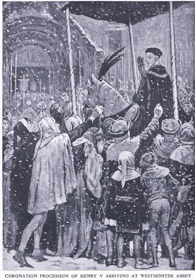 Krönungsprozession von Heinrich V. Ankunft in der Westminster Abbey 1413, aus Cassells Geschichte des britischen Volkes veröffentlicht von der Waverley Book Company Limited, ca. 1940 von Walter Paget