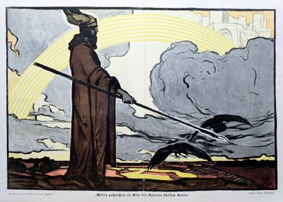 Odin mit seinen zwei Raben, Hugin (Gedanke) und Munin (Erinnerung) von Walter Puttner