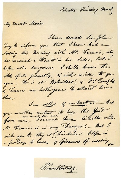 Brief von Warren Hastings, Generalgouverneur von Bengalen, an seine Frau, 17. August 1780 von Warren Hastings