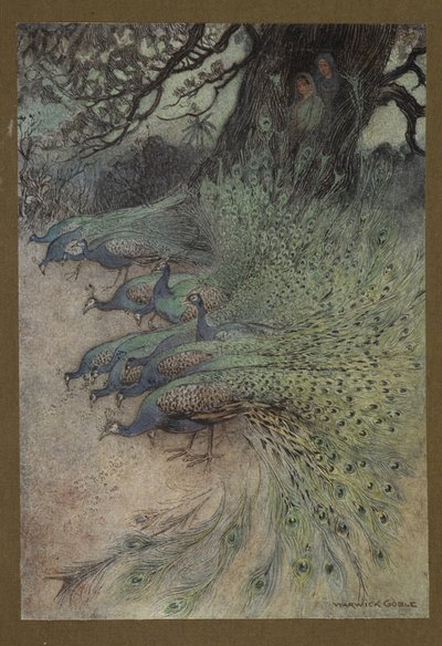 Tafel 11: "Hunderte von Pfauen mit prächtigen Federn kamen zu den Dämmen, um das Khai zu essen", aus Folk-Tales of Bengal ... Mit 32 Illustrationen in Farbe von Warwick Goble (Edition de luxe) von Warwick Goble
