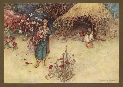 Tafel 17: "Bei Tagesanbruch pflückte er Blumen als Erster", aus Folk-Tales of Bengal ... Mit 32 Illustrationen in Farbe von Warwick Goble. (Edition de luxe) von Warwick Goble