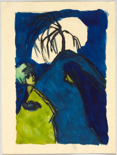 Zwei Gestalten vor Hügel mit Baum und weißer Wolke; Begegnung von Wassily Kandinsky