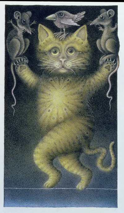 Katze auf einem Seil, balancierend mit Vogel und Mäusen von Wayne Anderson