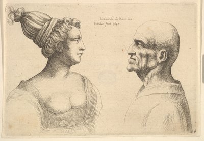 Eine Frau mit zurückgebundenem Haar und ein kahler Mann, die sich gegenüberstehen, 1645 von Wenceslaus Hollar