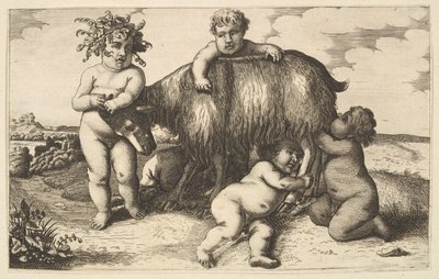Vier Jungen, ein junger Satyr und eine Ziege, Kopie in Umkehrung, 17. Jahrhundert von Wenceslaus Hollar