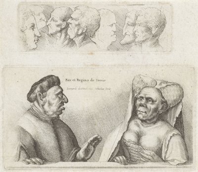 Fries mit Studienköpfen / Karikaturen des Königs und der Königin von Tunesien von Wenceslaus Hollar