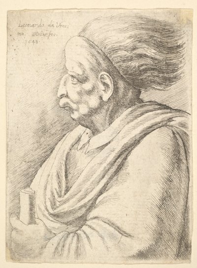 Mann mit karikierten Gesichtszügen und nach hinten fliegendem Haar, halb links, 1648 von Wenceslaus Hollar