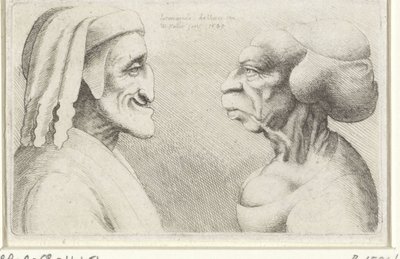 Missgestaltete Karikaturköpfe eines Mannes mit Mütze (Dante?) und einer Frau von Wenceslaus Hollar