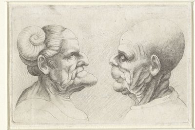 Missgestaltete Köpfe eines kahlen Mannes und einer Frau mit Hörnern auf dem Kopf von Wenceslaus Hollar