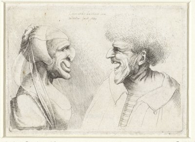 Missgestaltete Köpfe eines lachenden Mannes und einer Frau mit Haube von Wenceslaus Hollar
