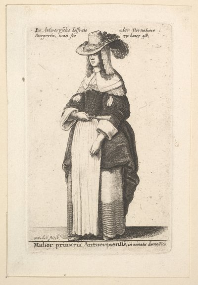 Mulier primaria Antuerpiensis, in ornatus domestica Dame von Antwerpen in häuslicher Kleidung, 1625-77 von Wenceslaus Hollar