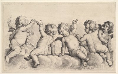 Drei Putten und zwei Jungen auf Wolken, 1620-77 von Wenceslaus Hollar
