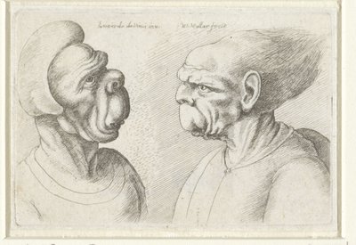 Zwei deformierte Köpfe (Serie: Varie figurae et probae) (Serie: Karikaturen, Köpfe und Deformationen nach Leonardo da Vinci) von Wenceslaus Hollar