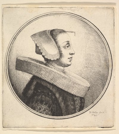 Frau mit kreisförmiger Halskrause, Haube und Haarnadel, im Profil nach rechts, 1645 von Wenceslaus Hollar