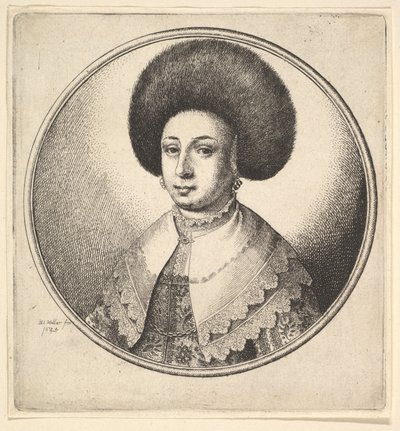 Frau mit großem rundem Pelzhut und Ohrringen, 1645 von Wenceslaus Hollar