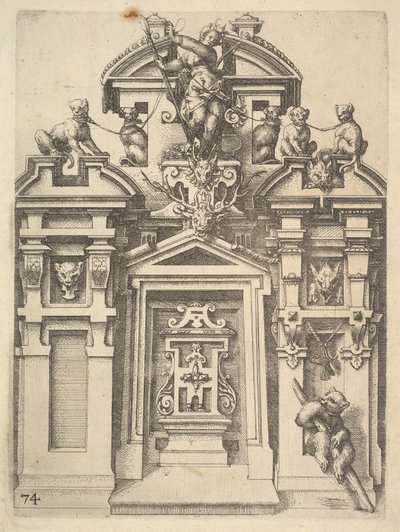 Entwurf für eine architektonische Struktur mit Jagdmotiv, Platte 74 aus Dietterlins Ar..., 1598 von Wendel Dietterlin the Elder