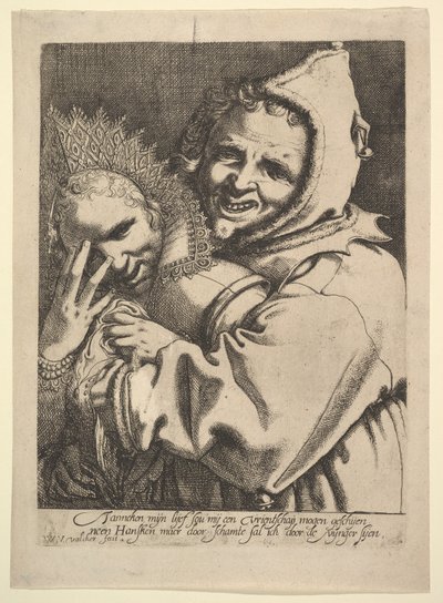 Narr mit einem Mädchen, das durch ihre Finger schaut von Werner Jacobsz. van den Valckert