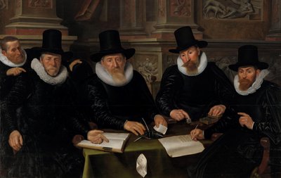 Vier Regenten und der Hausvater des Amsterdamer Leprahospitals von Werner van den Valckert