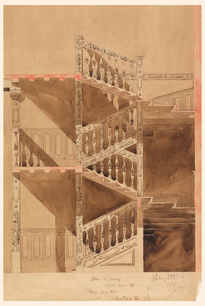Zeichnung, Treppe im Cluny, Paris, 1887 von Whitney Warren Jr.