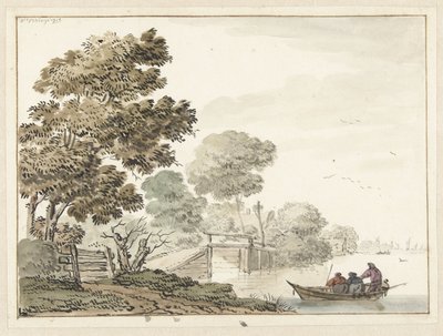 Landschaft mit einer Holzbrücke und Bäumen entlang eines Kanals von Wigerus Vitringa