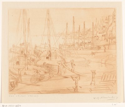 Festgemachte Schiffe am Ufer des Ganges in Benares von Wijnand Otto Jan Nieuwenkamp (signed by artist)