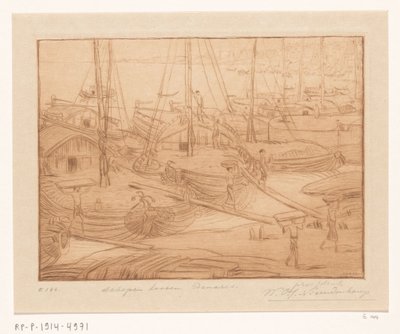 Festgemachte Schiffe am Ufer des Ganges in Benares von Wijnand Otto Jan Nieuwenkamp
