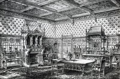 Entwurf für ein gotisches Esszimmer, veröffentlicht in The House-Furnisher & Decorator, 1. September 1872 von Wilberforce Haddon