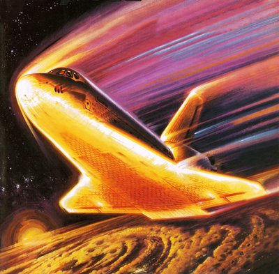 Das Space Shuttle beim Wiedereintritt in die Erdatmosphäre vorgestellt von Wilf (20th century) Hardy