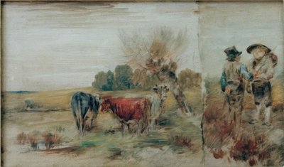 Doppelbild: Kühe auf der Weide, zwei Bauern im Gespräch von Wilhelm Busch
