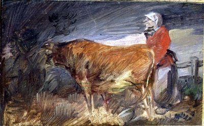 Frau und Kuh in einer Landschaft von Wilhelm Busch