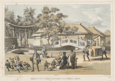 Brücke aus behauenem Stein und Eingang zu einem Tempel, Simoda, 1855 von Wilhelm Joseph Heine