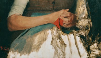 Zwei Hände mit rotem Tuch auf blauer Schürze von Wilhelm Maria Hubertus Leibl
