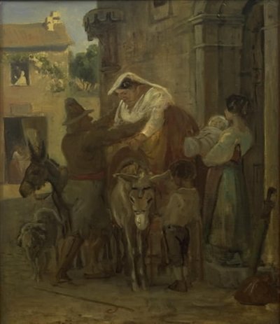 Eine stämmige römische Frau wird auf einen Esel geholfen von Wilhelm Marstrand