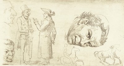 Zweites Probedruckblatt in Stylografie mit Mönchskopf, Pferden usw. von Wilhelm Marstrand