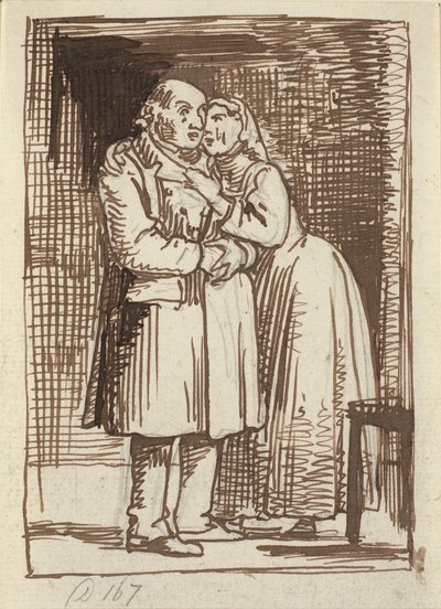 Die schmeichelnde Frau. Eine Frau spricht eindringlich zu ihrem alten Ehemann und hat die Arme um seinen Hals von Wilhelm Marstrand