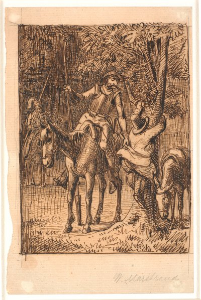 Vor dem Kampf mit dem Spiegelritter hilft Don Quixote Sancho Pansa auf einen Baum von Wilhelm Marstrand