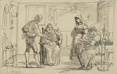 Interieur, wo ein junger Mann einem sitzenden Mönch etwas erklärt, rechts weinendes Mädchen und alte Frau von Wilhelm Marstrand