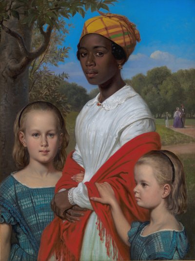 Porträt von Otto Marstrands zwei Töchtern und ihrer westindischen Nanny, Justina Antoine, in den Frederiksberg-Gärten bei Kopenhagen von Wilhelm Marstrand