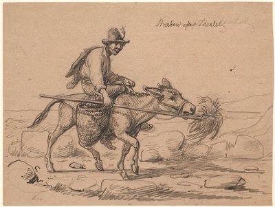 "Streben nach dem Ideal". Italienischer Eselreiter treibt das Tier an, indem er einen Büschel Heu an einer Stange vor seine Nase hält von Wilhelm Marstrand