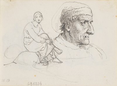 Studienkopf und sitzende Frau von Wilhelm Marstrand