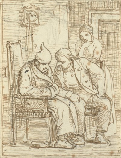 Zwei Männer im Gespräch, der alte links mit Nachtmütze. Außerdem eine Frau von Wilhelm Marstrand