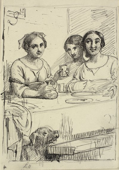 Drei Mädchen an einem Tisch, unter dem Tisch ein Hund von Wilhelm Marstrand