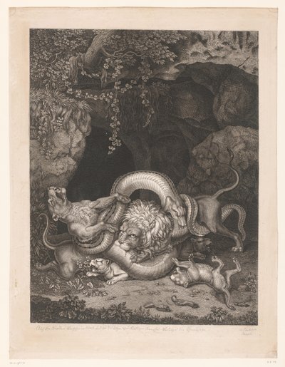 Löwe und Löwin schützen Welpen vor einer Schlange von Wilhelm Tischbein