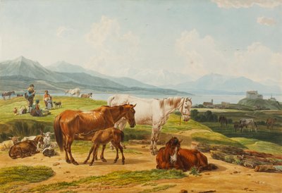 Wilhelm Alexander Wolfgang von Kobell Alpensee und Weide mit Pferden von Wilhelm von Kobell