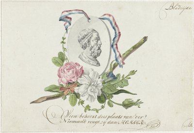 Vignette mit Blumen, Porträtmedaillon und Band von Willem Bilderdijk